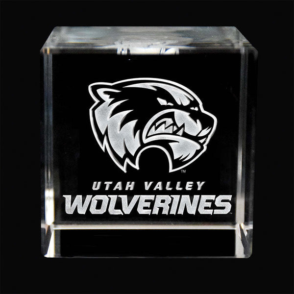 Fan Frenzy Gifts Utah Valley Wolverines UVU Officially Licensed Wolverine Laser Engraved Crystal Cube