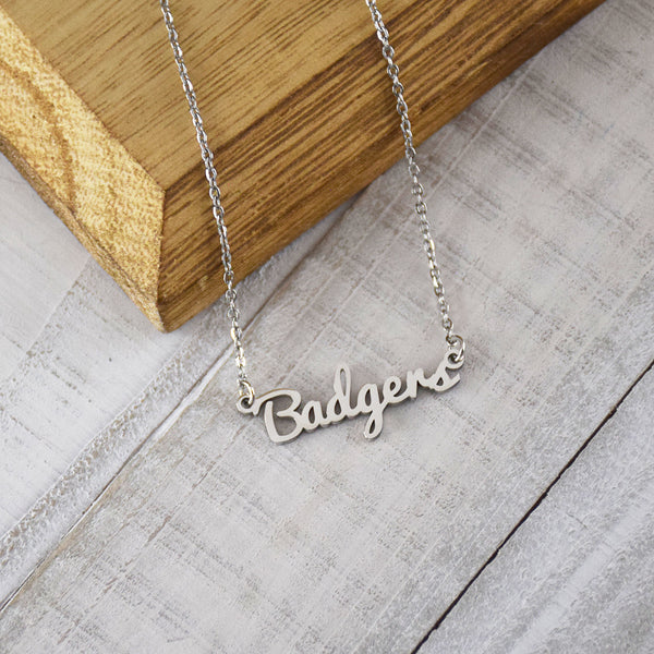 Wisconsin Badgers Silver Script Necklace by Fan Frenzy Gifts
