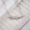 Wisconsin Badgers Silver Script Necklace by Fan Frenzy Gifts
