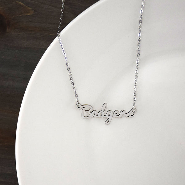 Wisconsin Badgers Silver Script Necklace by Fan Frenzy Gifts