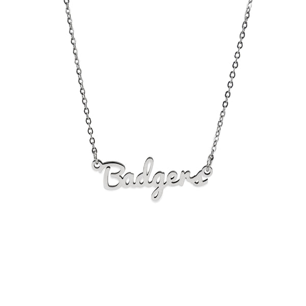 Wisconsin Badgers Silver Script Necklace by Fan Frenzy Gifts