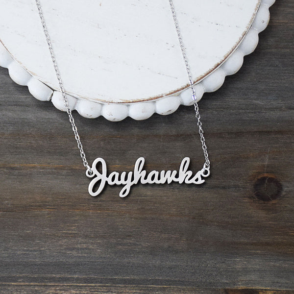 Fan Frenzy Gifts University of Kansas Officially Licensed Laser Jayhawks Script Necklace